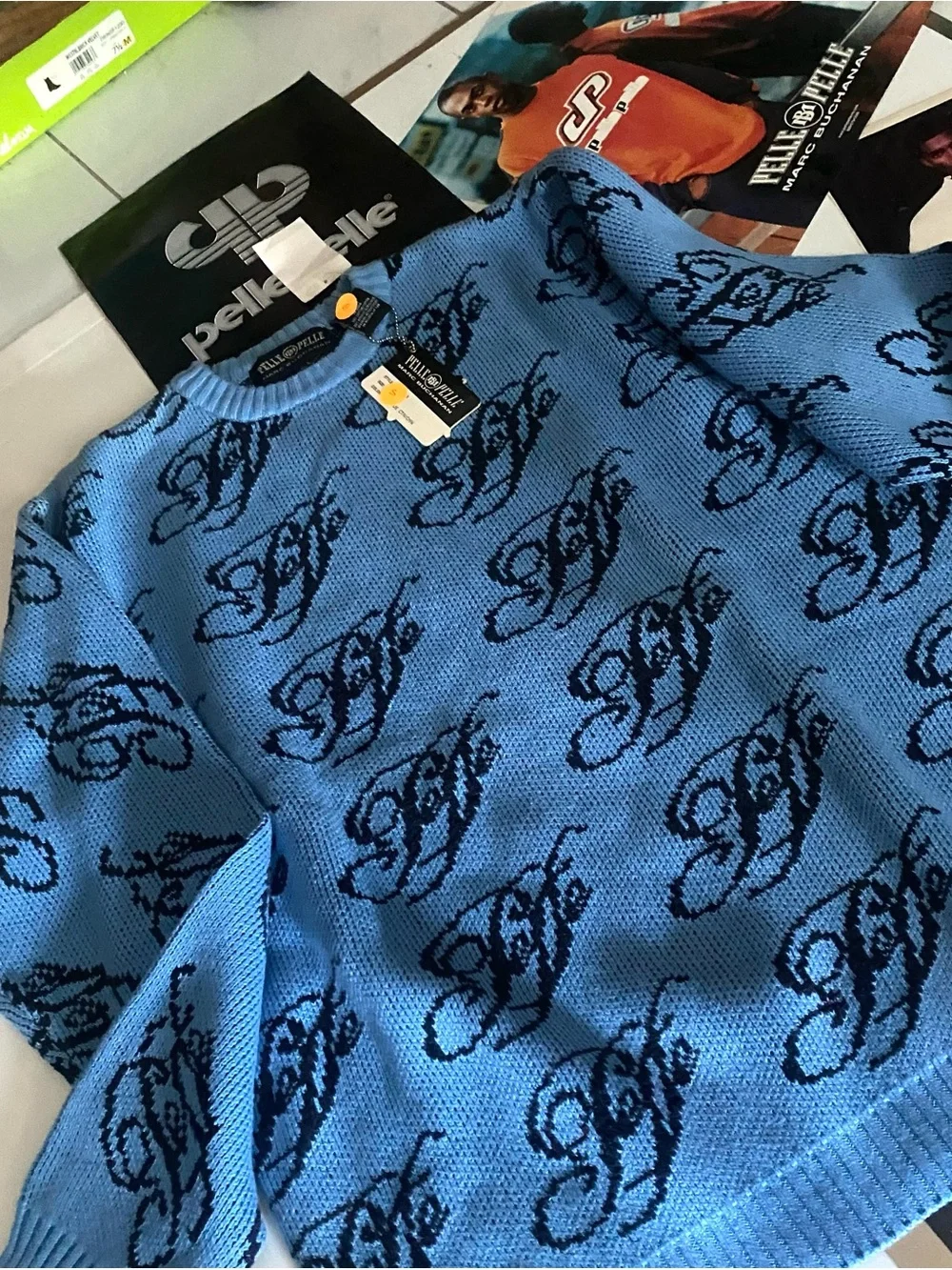 Pelle Pelle Light Blue Crewneck Sweater with Navy Script Logo - Picture 4 of 7